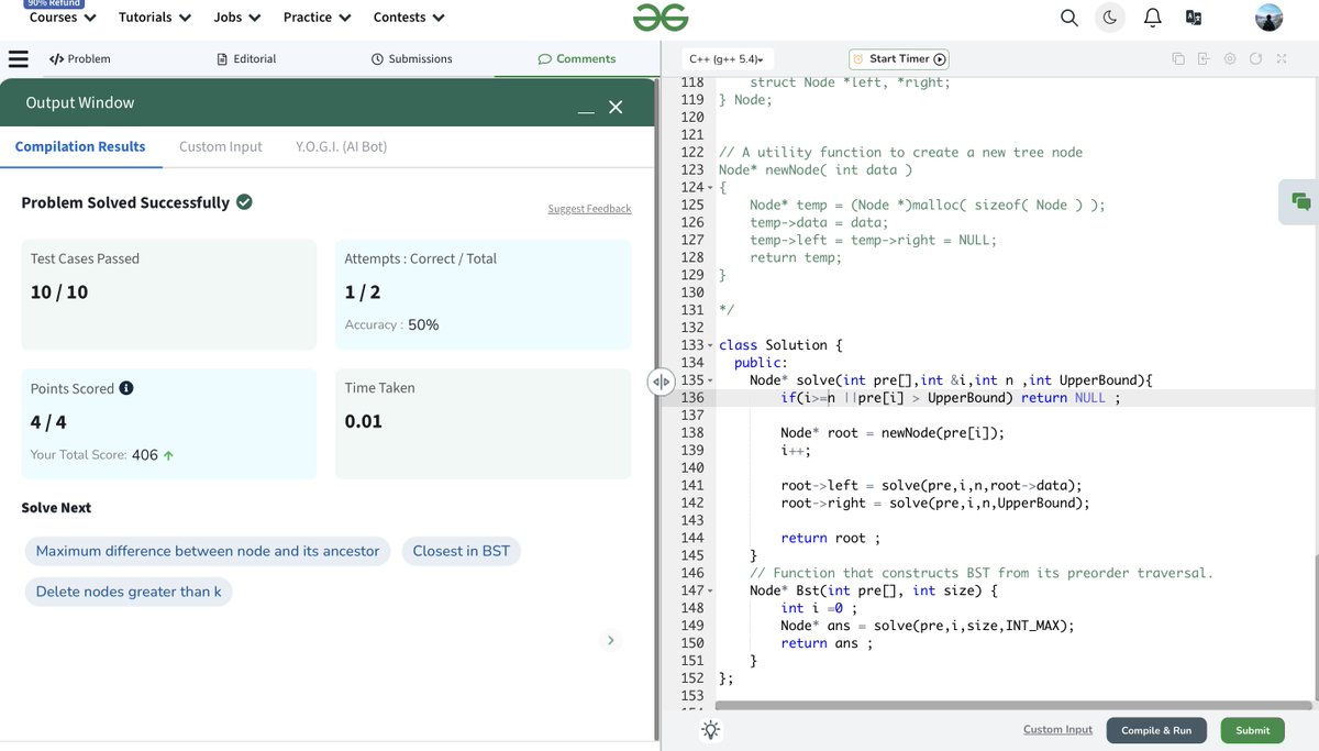 OkProfessor8854's tweet photo. Day 67 of #100DaysOfCode! 🚀
- Solved 2 BST problems #BST_Week    
- Revised some old problems  
- Learned Redux toolkit 
#cse2025 #connect #dsa #leetcode #technerd https://t.co/TRxYmzy3JX