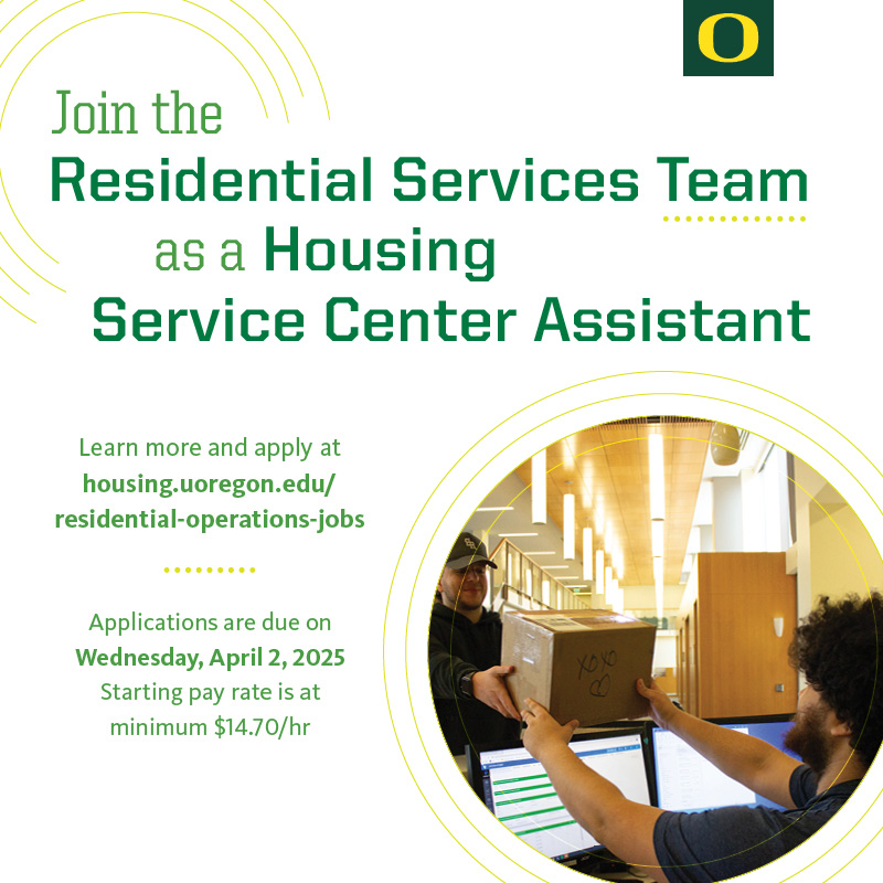 uohousing's tweet image. Join the Residential Operations team as a Housing Service Center Assistant. All positions will begin at a minimum of $14.20/hour. Apply today at oregon.starrezhousing.com/StarRezPortalX…