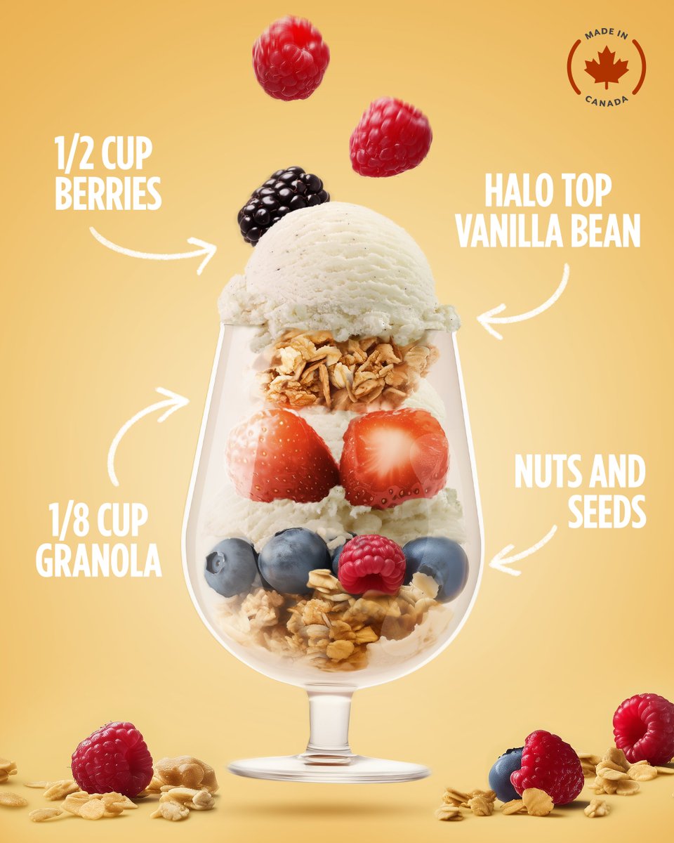 Upgrade your dessert game with this easy recipe:

🍓Vanilla Bean Berry Parfait

1/2 cup Halo Top Vanilla Bean (120 calories)
1/2 cup berries
1/8 cup granola, nuts, or seeds
Layer it all up, and boom—a light, creamy, protein packed dessert.

 #ProteinSnack #LowSugar #MadeInCanada