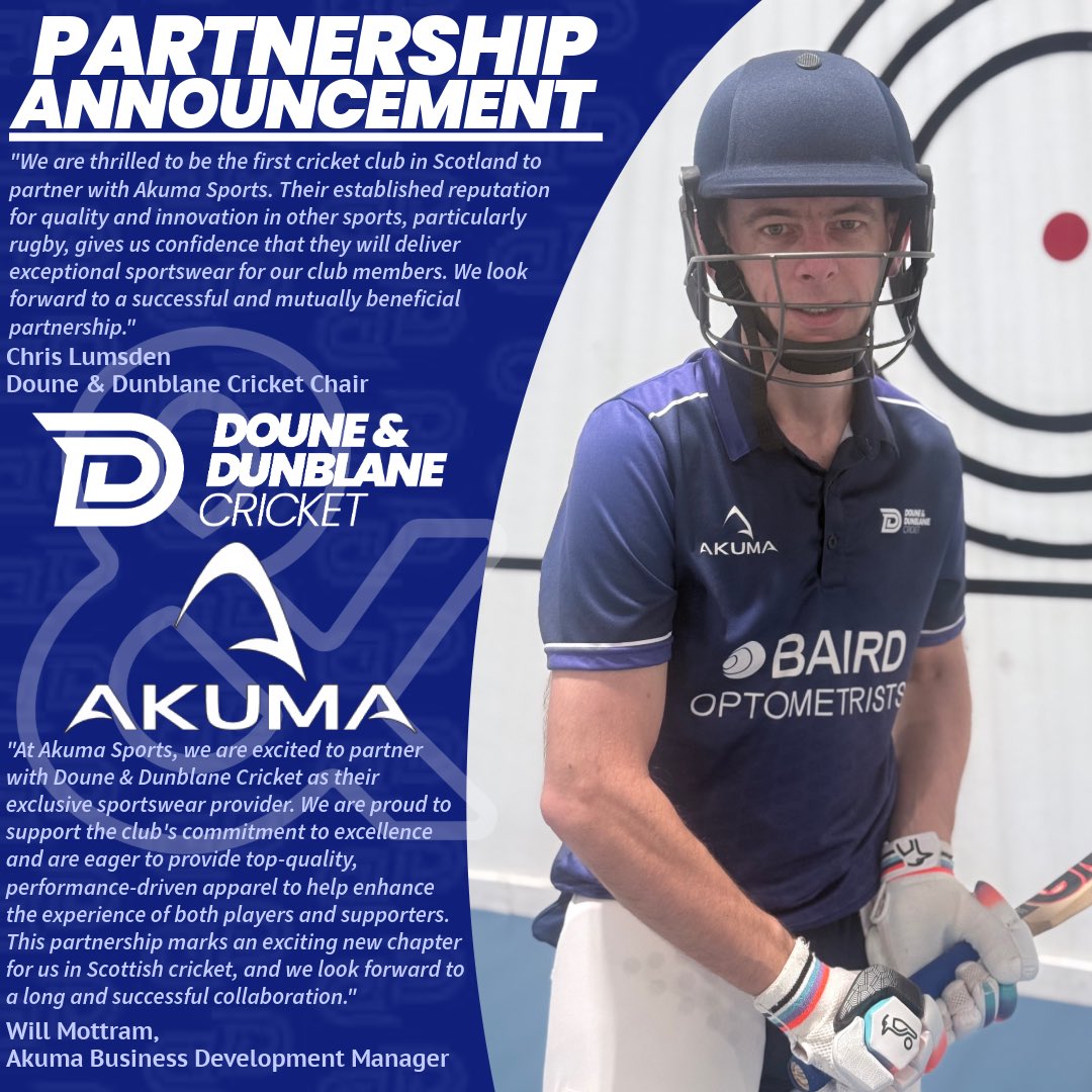 Doune & Dunblane Cricket (@dounedunblanecc) on Twitter photo We are delighted to announce a ground breaking three-year partnership with <a href="/Akuma_Sports/">AKUMA SPORTS</a> . This collaboration marks a significant milestone for the club and Akuma, establishing a new standard for sportswear provision in Scottish Cricket.
#doune #dunblane #cricket #AkumaFamily We are delighted to announce a ground breaking three-year partnership with <a href="/Akuma_Sports/">AKUMA SPORTS</a> . This collaboration marks a significant milestone for the club and Akuma, establishing a new standard for sportswear provision in Scottish Cricket.
#doune #dunblane #cricket #AkumaFamily