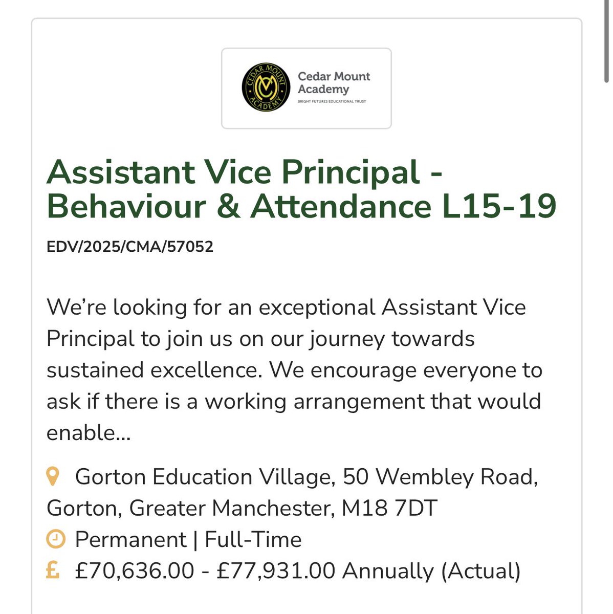 ✨Join my team 💚 

CMA is recruiting for:
✅AVP / SLT Behaviour &amp; Attendance 
✅CLA Officer &amp; DDSL 
✅Teacher of Maths with TLR Numeracy

Closing date: 5pm Tuesday 18th March 2025. 
View full details and apply online: 
➡️ cedarmount.bright-futures.co.uk/vacancies/curr…

#WeAreBrightFutures
#TheCMAWay
