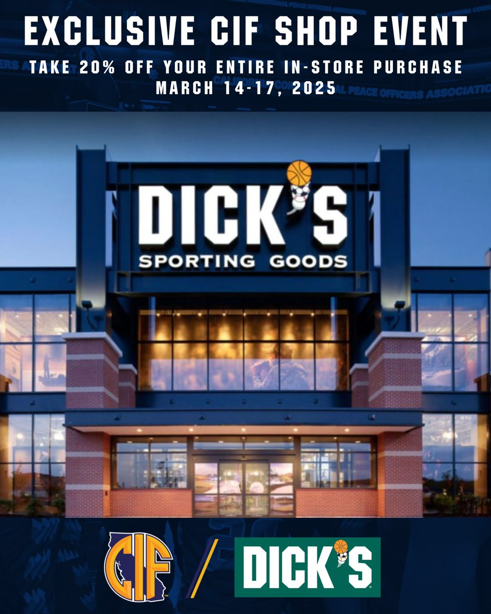 THIS WEEKEND! 🚨 

DICK’S Sporting Goods is offering CIF member schools an exclusive discount of 20% off your entire in-store purchase March 14-17 at ALL California stores! Exclusions may apply; click here to access the coupon: bit.ly/DSGMAR25