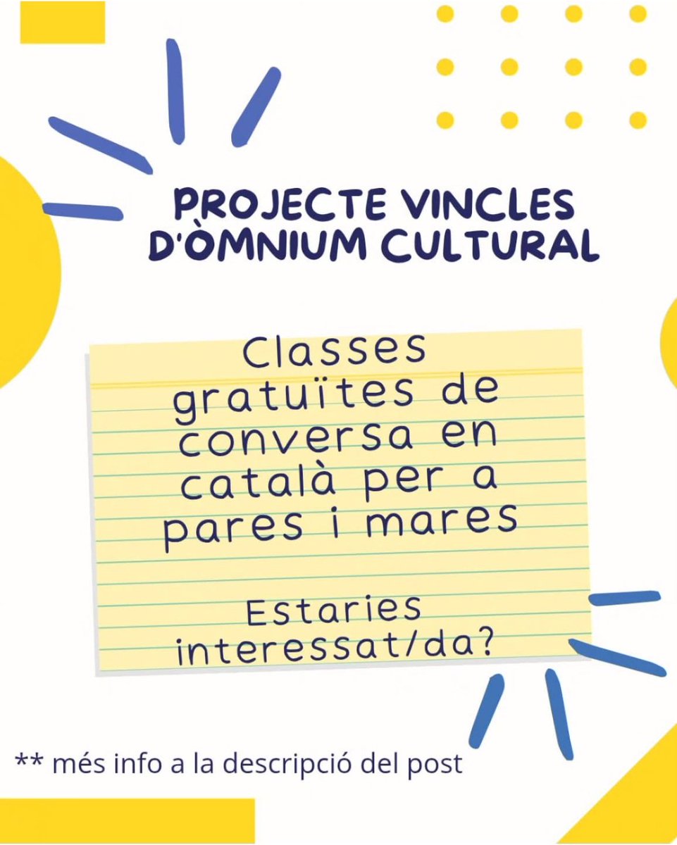 📢📢 Encara estàs a temps d'apuntar-te a les classes gratuïtes de conversa en català que organitza Òmnium! 
Contacta amb nosaltres vía Dinantia i t'explicarem com fer-ho!
Amunt!