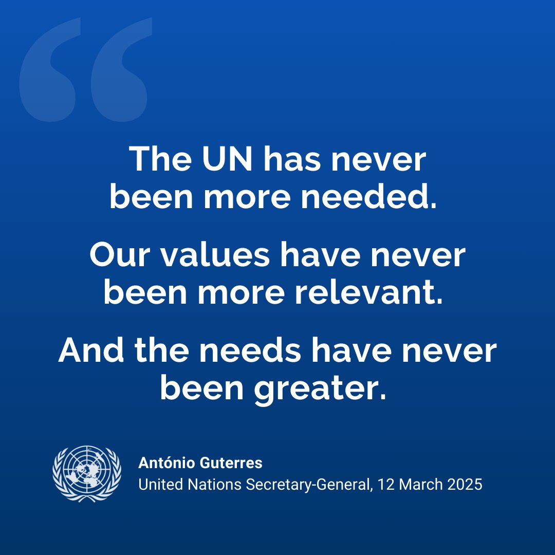 “The UN has never been more needed.

Our values have never been more relevant.

And the needs have never been greater.”

<a href="/antonioguterres/">António Guterres</a> says the UN is the essential one-of-a-kind meeting ground to advance peace, sustainable development &amp; human rights.
un.org/sg/en/content/…