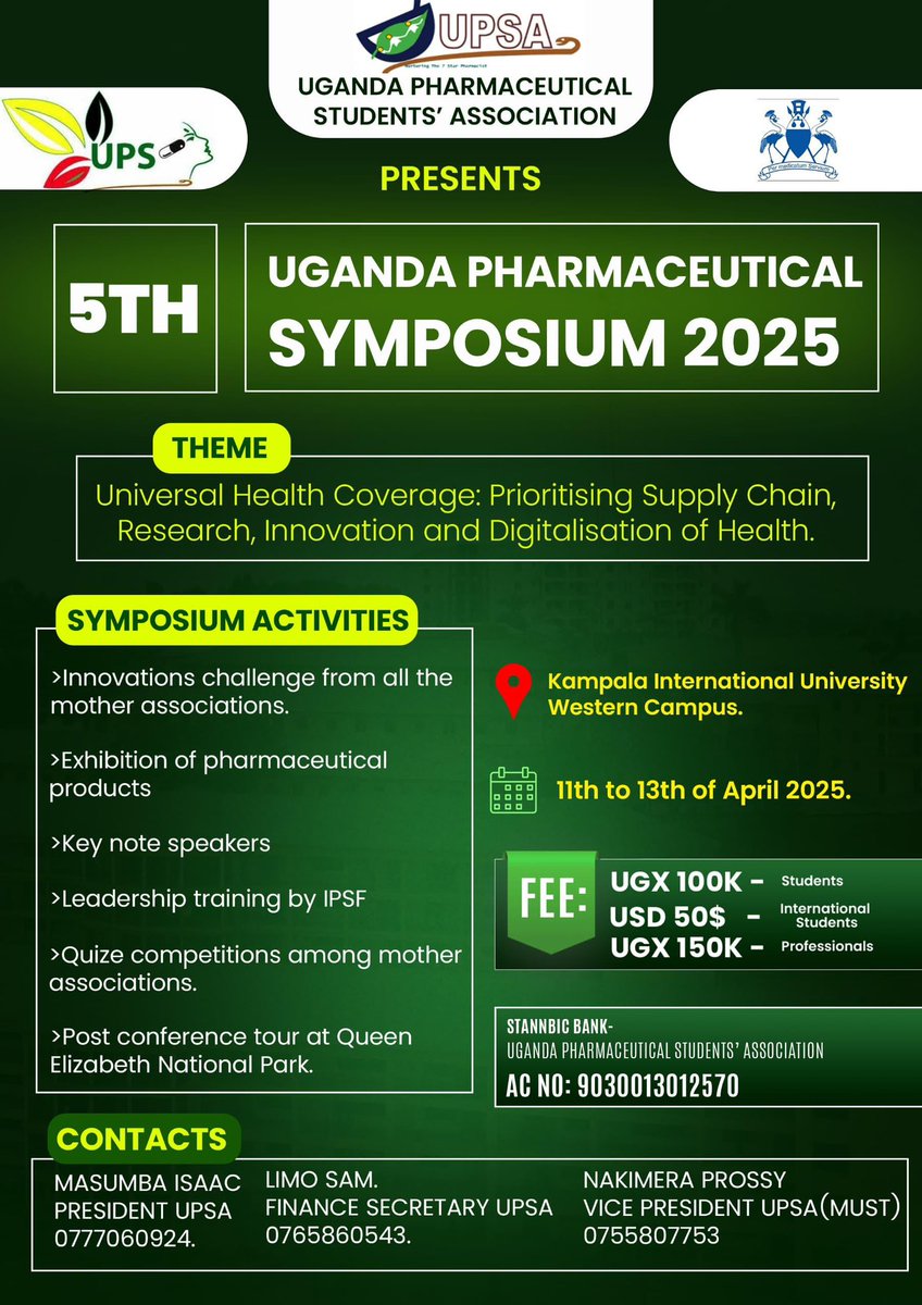 ✨✨✨✨✨WHERE PHARMACY MEETS EXCELLENCE IN SUPPLY CHAIN,RESEARCH AND INNOVATION!!! ✨✨✨✨✨✨Join the 5th Uganda Pharmaceutical Symposium for a unique blend of learning, networking, and inspiration. Secure your spot today and be part of Uganda's premier pharmaceutical event.
