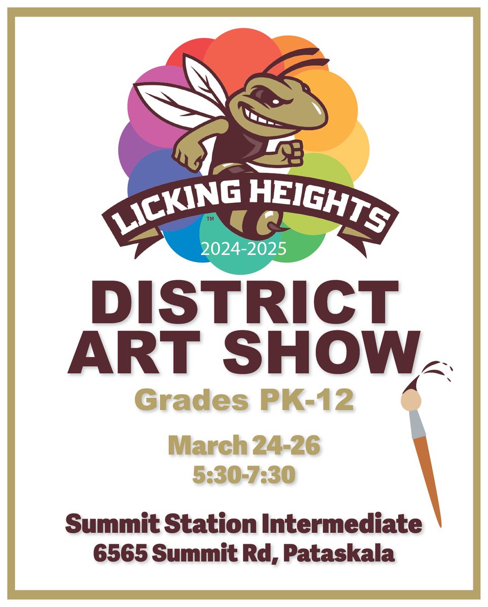 🎨 Join us for the Licking Heights District Art Show! 

📅 Date: March 24 - 26
⏰ Time: 5:30 to 7:30 p.m.
📌 Where: Summit Station School

You won’t want to miss all the amazing art the LH students have been working on all year! #HornetsTakeFlight #YouthArtMonth