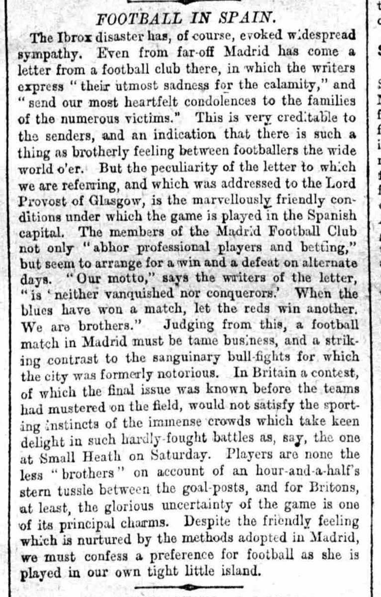 Back in 1902, a football match in Madrid against the two local sides was seen as “brotherly”. Madrid’s motto back then: “neither vanquished nor conquerors”. Changed days… ! From Birmingham Weekly Post, May 1902 <a href="/sidlowe/">Sid Lowe</a> <a href="/anituarco/">Ángel Iturriaga</a>