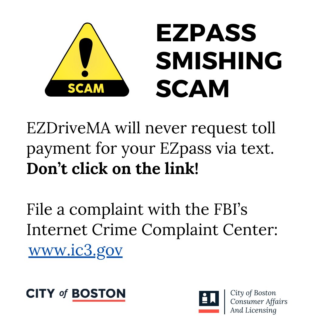 ConsumerBoston's tweet image. Are you receiving a text about your EZ pass and unpaid tolls? Be careful this is a smishing (texting) scam! Read more here: mass.gov/news/massdot-a…

#IC3 #Scams #Smishing #EZPass