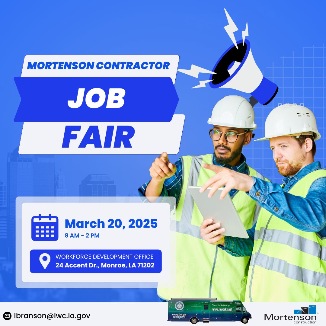 LouisianaWorks's tweet photo. Mark your calendars! Mortenson will host a #JobFair on March 20th from 9AM - 2PM. The Mobile Workforce Center will be in attendance. #LouisianaWorks #LAWorks https://t.co/72HznMiama