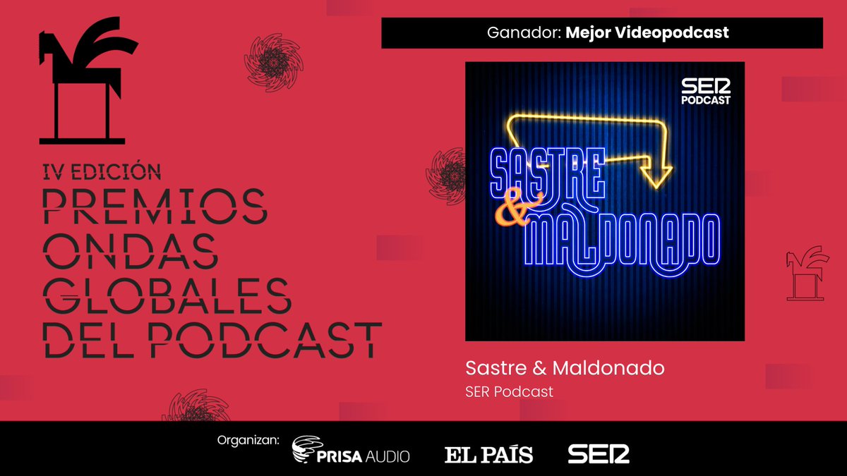 Premios_Ondas's tweet image. 🏆 #PremiosOndas Mejor Videopodcast: Sastre &amp;amp; Maldonado @La_SER @sastremaldonado

Una innovadora mezcla de audio y video, donde los momentos son inolvidables #PremiosOndas2025 #Videopodcast