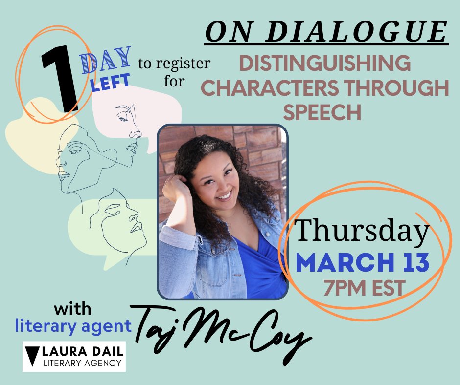 ✏️💬Less than 30 hours until On Dialogue webinar with Taj McCoy of Laura Dail Literary!!! Don't miss registration!! #lauradailliterary #agentwebinar #scbwiwebinar #writingdialogue #ondialogue scbwi.org/events/webinar…