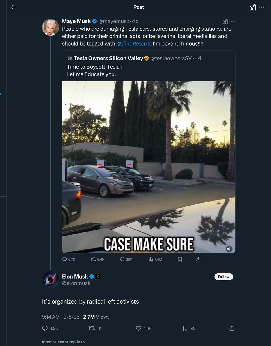 Elon Musk has a burner account called @IFindRetards which is being liberally promoted by his mother Maye, whose racist, misogynist, abusive ex-husband says she’s a Nazi with Nazi parents.

You do not have to be a psychologist to see what went wrong here.