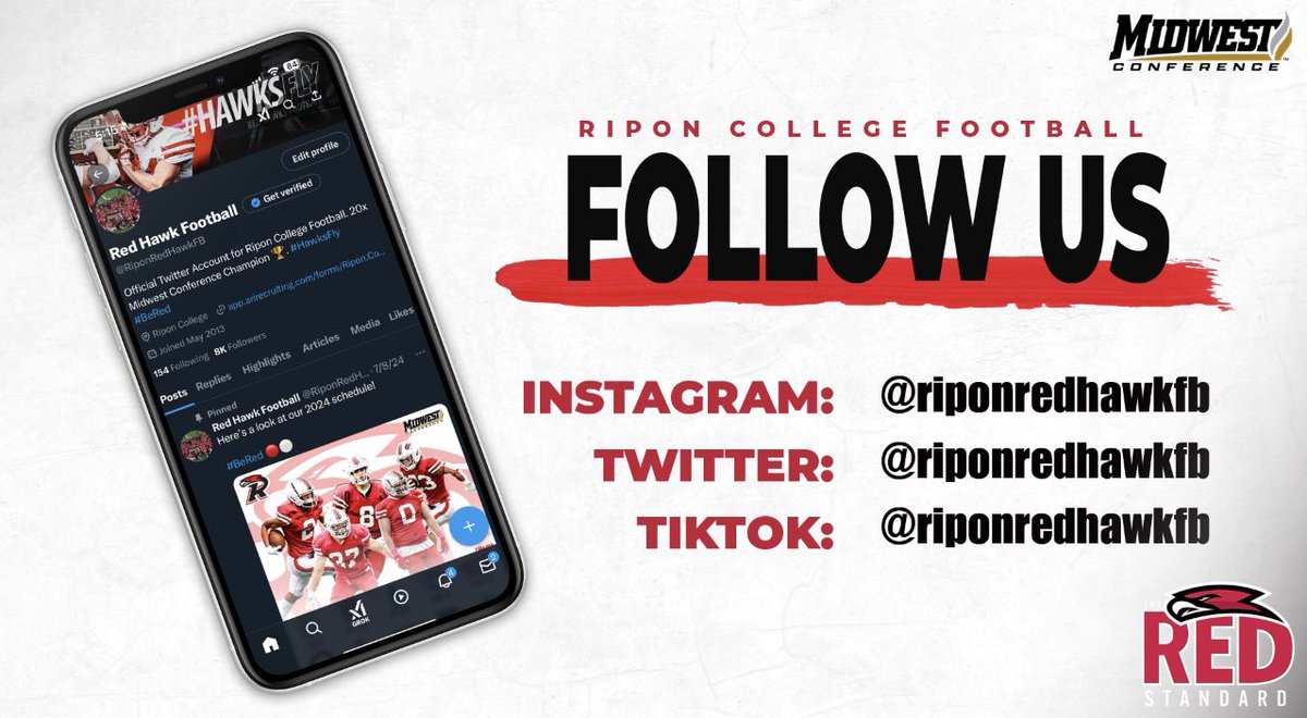 RiponRedHawkFB's tweet image. Follow us on all of our social platforms to stay up to date with Ripon College Football:
Instagram: @riponredhawkfb
Twitter/X: @riponredhawkfb
TikTok: @riponredhawkfb
#BeRed 🔴⚪️