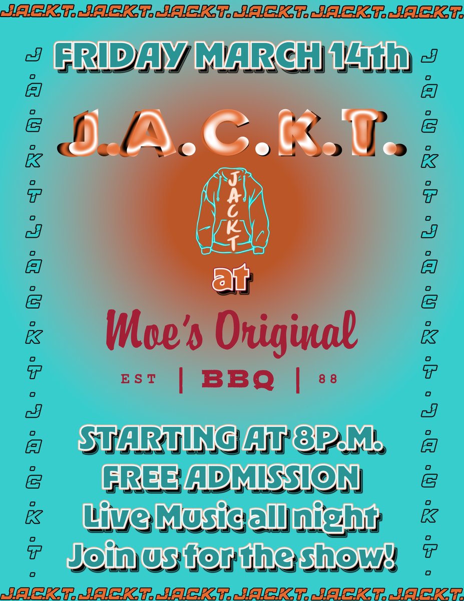 JACKTofficial_'s tweet photo. We're at Moe's BBQ in Decatur this Friday the 14th! Starting at 8PM so y'all got plenty of time to get there and get started. We're excited to show you all our new music that we have planned https://t.co/CBf6Me58cF