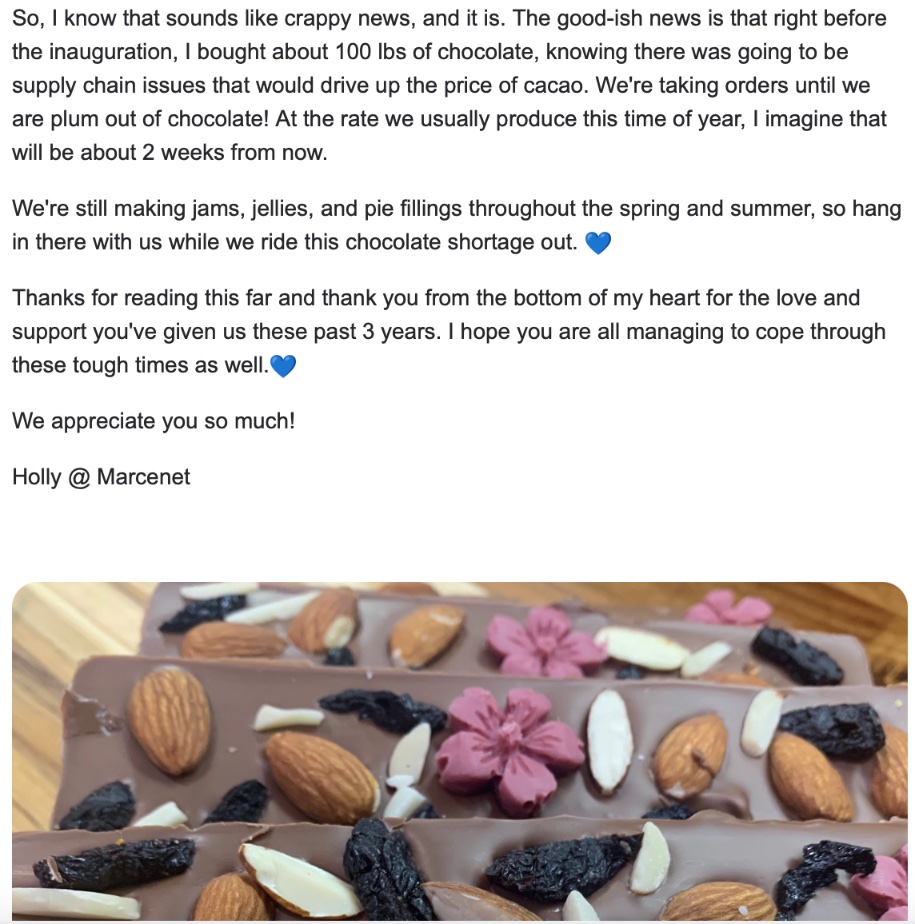 AynRandPaulRyan's tweet image. 1/ As most of you probably know, I own a bakery/chocolate shop called @Marcenetmerc. marcenetmercantile.com
Because of the threat of tariffs on agricultural goods and the effects of climate change, chocolate prices are at a 50-year high. You can read about it more here.