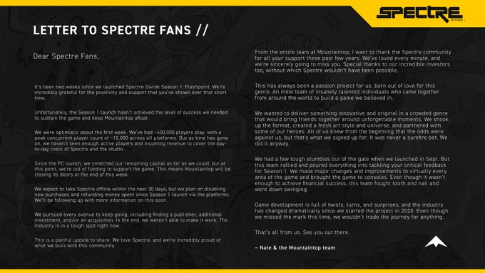 Full text can be found here as it's too long for this alt text: https://playspectre.com/news/letter-to-spectre-fans