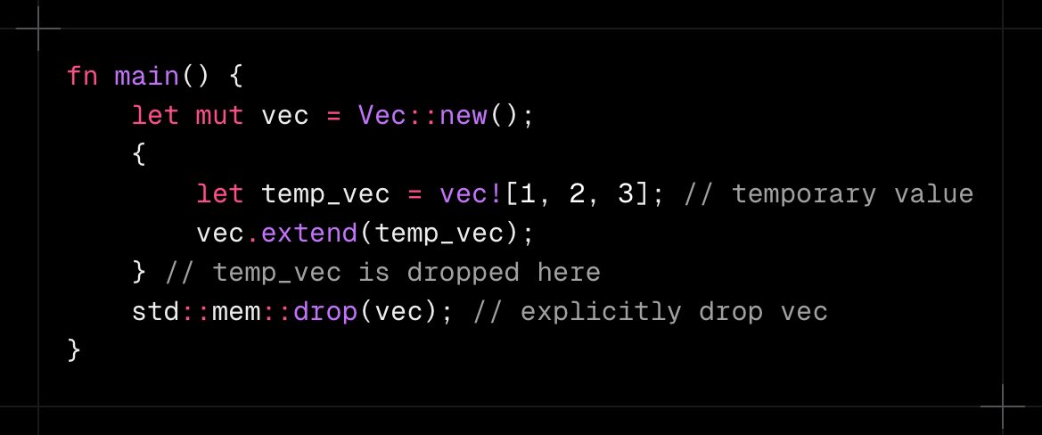 #RustDay 70

`std::mem::drop` and avoiding temporary values

In Rust, temporary values can lead to unexpected behavior and performance issues. To avoid this, use `std::mem::drop` to explicitly drop values when you're done with them.

By using `std::mem::drop`, you ensure that