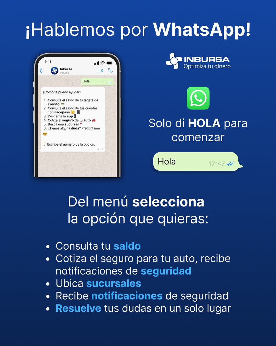 Con Inbursa en WhatsApp, chatea con tu Asistente Virtual Inbursa cuando lo necesites. ✨ 

Solo di HOLA para comenzar 👋

#Inbursa #WhatsAppInbursa #Seguridad #Facilidad #AsistenteVirtual