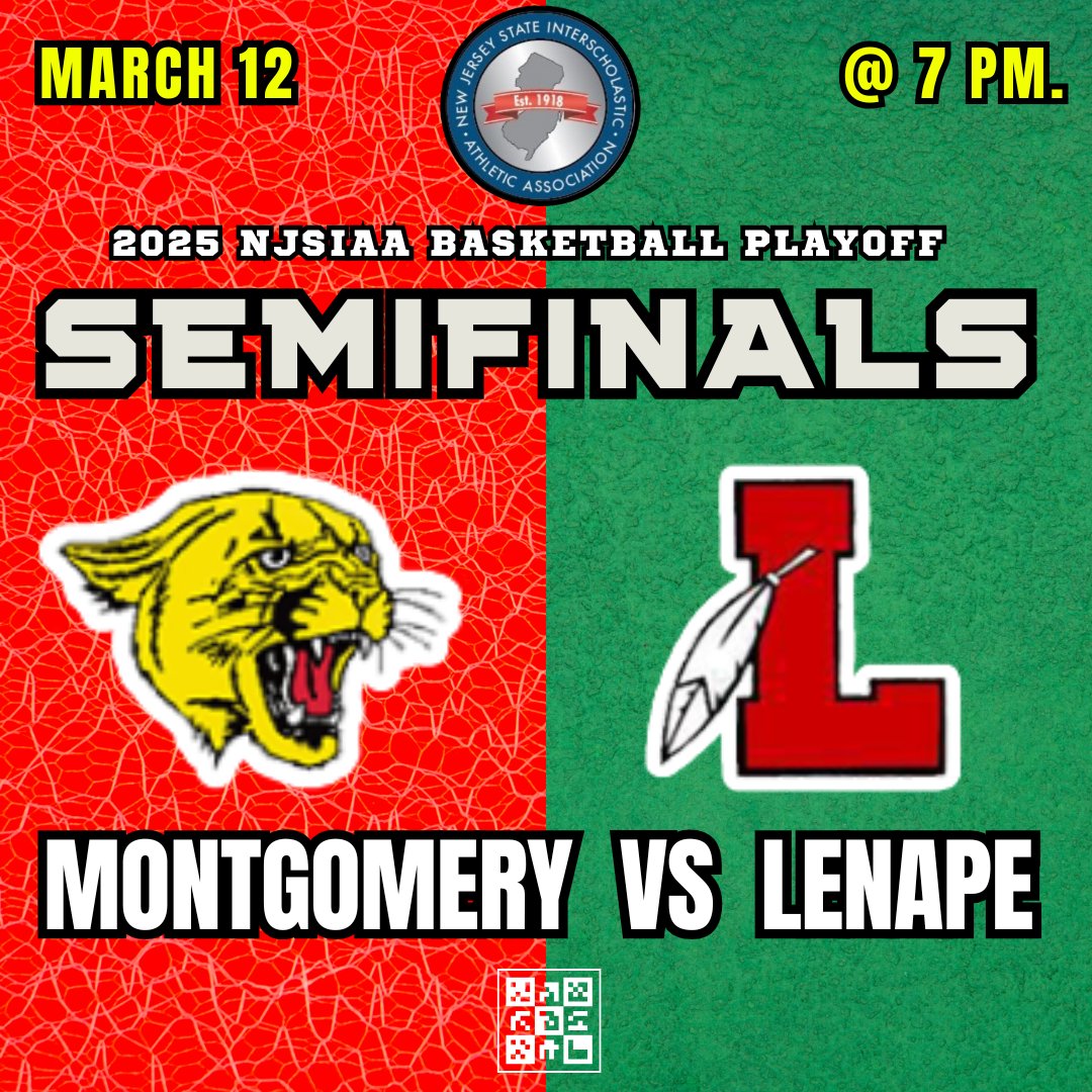 🔥𝙂𝘼𝙈𝙀𝘿𝘼𝙔
📢 NJSIAA PLAYOFFS (State Semifinals)
🏀 Montgomery 🆚️ Lenape
📺 Live on: bit.ly/3YiqwI0
🗓 Today, March 12
⏰️7p.
<a href="/DavidRohrer2008/">David Rohrer</a> <a href="/Mr_Nicastro/">Kyle Nicastro</a> <a href="/reallymire_/">WSG</a> <a href="/LenapeAthletics/">Lenape Athletics</a> <a href="/LenapeHoops/">Lenape Basketball</a> <a href="/PrincipalPino/">Heather Pino-Beattie</a> <a href="/ChrisRector1989/">Christopher Rector</a> <a href="/FootballMonty/">Zoran Milich</a> <a href="/MHSCougarSports/">MHS Athletics</a>