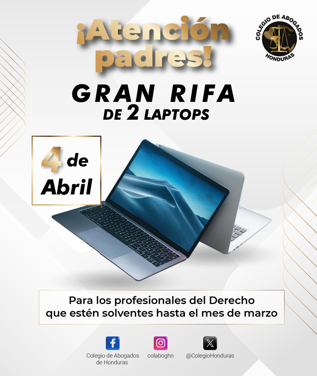 ¡Atención Padres! 
El Colegio de Abogados de Honduras y el Instituto de Previsión del Profesional del Derecho celebran el Día del Padre con una gran rifa. 

¡Participa y gana una de las dos laptops que tenemos para ti!

Inscríbete en el siguiente enlace: forms.gle/pkki72ujEAzGWn…
