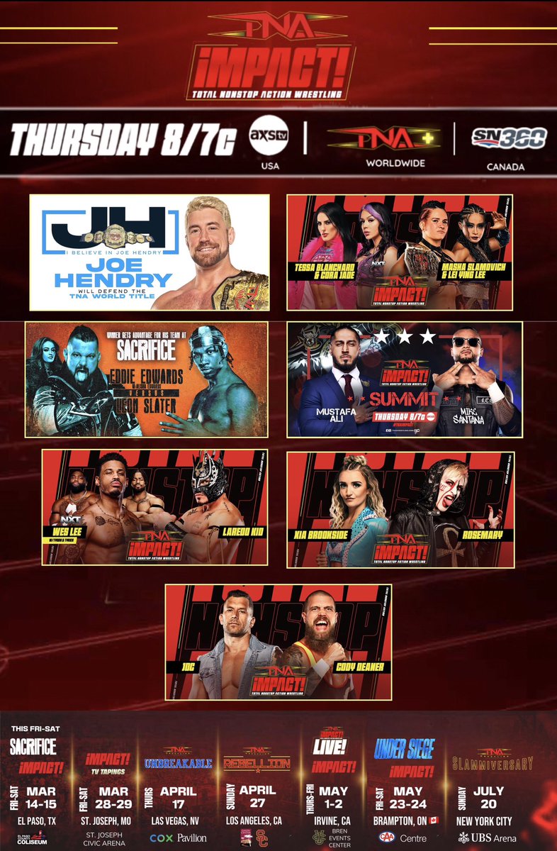 Ayo__Productions (@frequencyayo) on Twitter photo 🆕#TNAiMPACT THURSDAY TOMORROW
📺: AXS TV🇺🇸 | Sportsnet 🇨🇦📱: TNA+
Tnawrestling.com/events
Go Home Show To Sacrifice
#aew #aewdynamite #wweraw #WWERoadblock #wwenxt @wwe @wwenxt <a href="/MustafaAli_X/">Mustafa Ali</a> <a href="/_Tysonwwe_/">CHASINGR8NESS</a> <a href="/TyriekIgwe_WWE/">Tyriek Igwe</a> <a href="/IngridIsley/">Ingrid Isley</a> <a href="/romyglazer/">Romy</a> 🆕#TNAiMPACT THURSDAY TOMORROW
📺: AXS TV🇺🇸 | Sportsnet 🇨🇦📱: TNA+
Tnawrestling.com/events
Go Home Show To Sacrifice
#aew #aewdynamite #wweraw #WWERoadblock #wwenxt @wwe @wwenxt <a href="/MustafaAli_X/">Mustafa Ali</a> <a href="/_Tysonwwe_/">CHASINGR8NESS</a> <a href="/TyriekIgwe_WWE/">Tyriek Igwe</a> <a href="/IngridIsley/">Ingrid Isley</a> <a href="/romyglazer/">Romy</a>