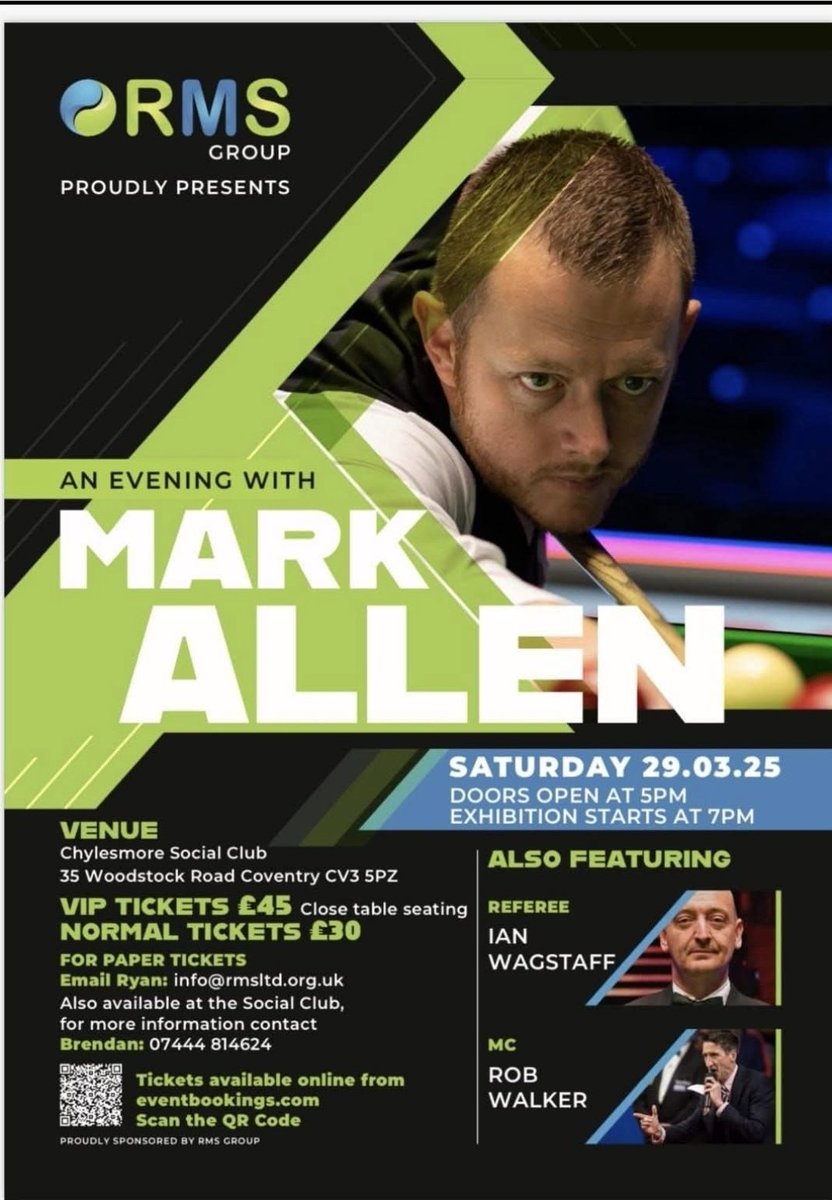 Robbie watson (@robbiecov1) on Twitter photo Snooker fans.<a href="/pistol147/">Mark Allen</a> snooker exhibition in coventry sat 29th March. Message me for ticket details please Snooker fans.<a href="/pistol147/">Mark Allen</a> snooker exhibition in coventry sat 29th March. Message me for ticket details please
