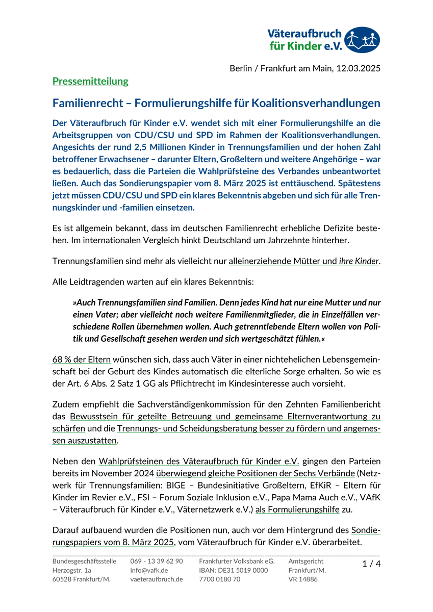VaeteraufbruchD's tweet photo. »Der Väteraufbruch für Kinder e.V. wendet sich mit einer Formulierungshilfe [der Sechs Verbände] an die Arbeitsgruppen von CDU/CSU und SPD im Rahmen der Koalitionsverhandlungen. Angesichts der rund 2,5 Millionen Kinder in Trennungsfamilien und [..]« https://t.co/ErsG6mchiD https://t.co/9OyvUrrwLM
