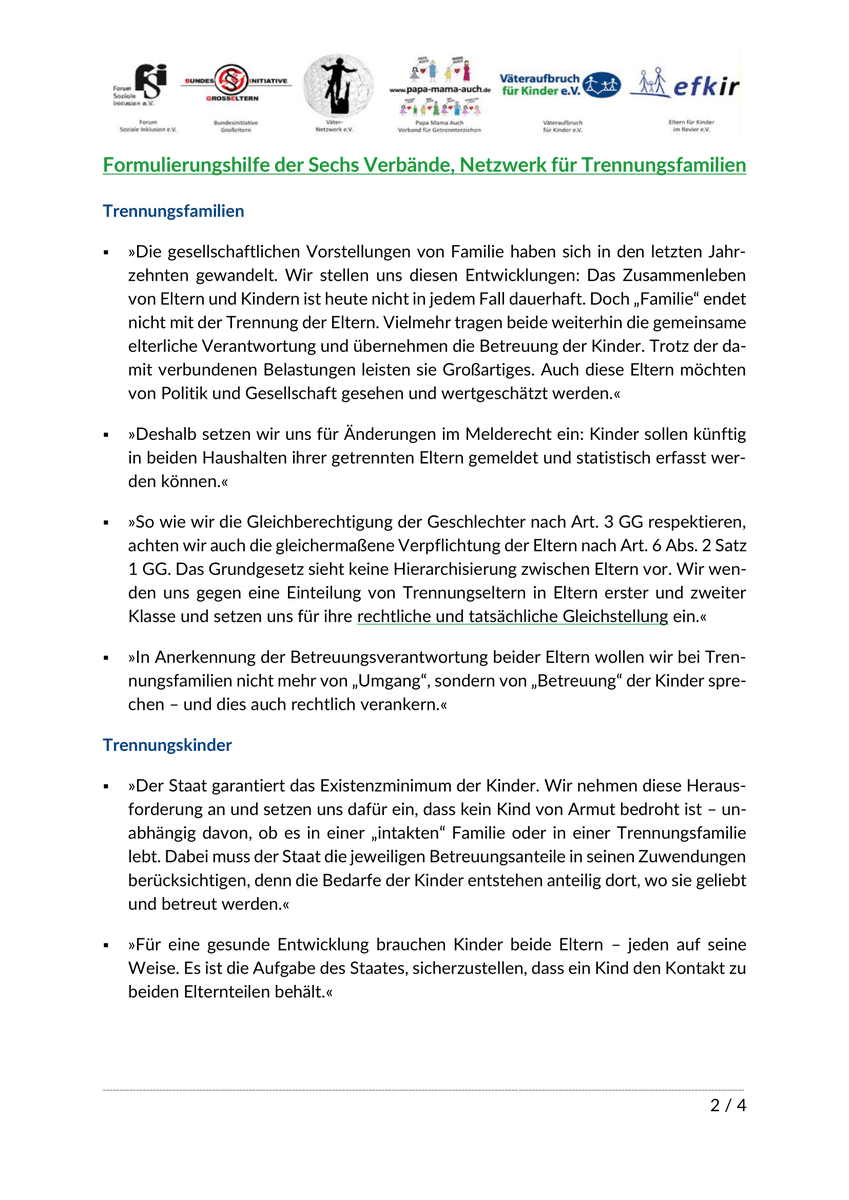VaeteraufbruchD's tweet photo. »Der Väteraufbruch für Kinder e.V. wendet sich mit einer Formulierungshilfe [der Sechs Verbände] an die Arbeitsgruppen von CDU/CSU und SPD im Rahmen der Koalitionsverhandlungen. Angesichts der rund 2,5 Millionen Kinder in Trennungsfamilien und [..]« https://t.co/ErsG6mchiD https://t.co/9OyvUrrwLM