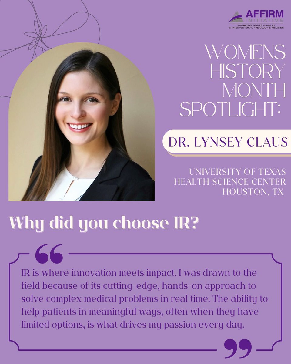 AffirmProgram's tweet image. 🌟Physician Spotlight🌟 This Women’s History Month, we’re celebrating incredible female physicians making an impact in IR and beyond! Their dedication, leadership, and innovation continue to inspire the next generation. First up, meet IR resident Dr. Claus! #WomenInMedicine #WIR