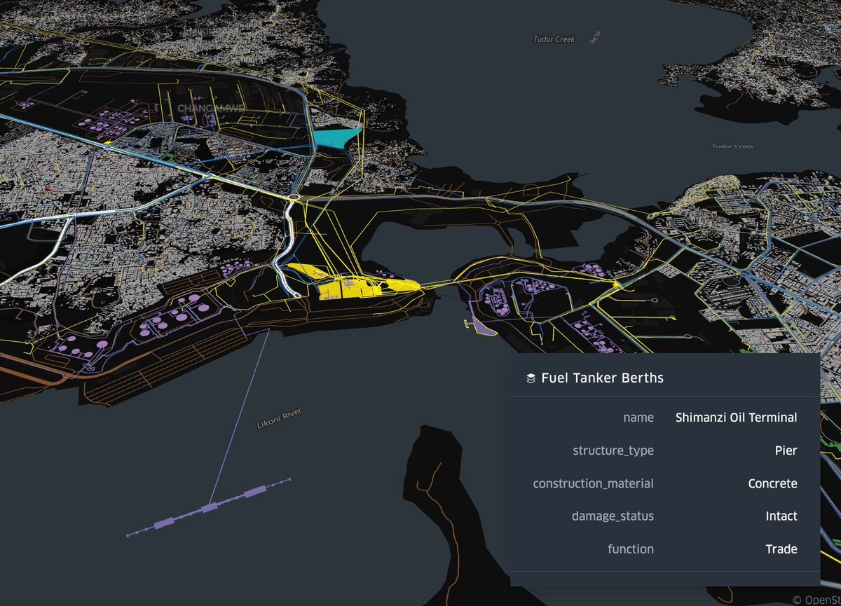 And here's some chaotic visualisation of all of the critical infrastructure systems in Mombasa (each system is a different colour).   

Finding/creating all of this geodata from public sources really put my OSINT skills to the test...