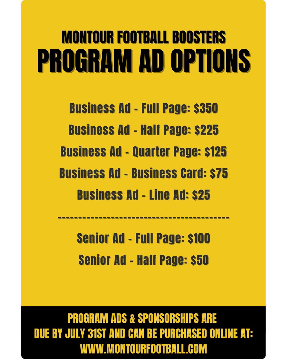 🖤💛Montour Community - We need your support for the 2025 Montour Football Season! 🏈

🏈 CASH BASH DONATIONS - Gift Cards, Baskets, and other items DUE BY: April 25th

🏈 Sponsorships and Game Day Ads - visit our newly updated website: montourfootball.com! DUE BY: JULY 31st!
