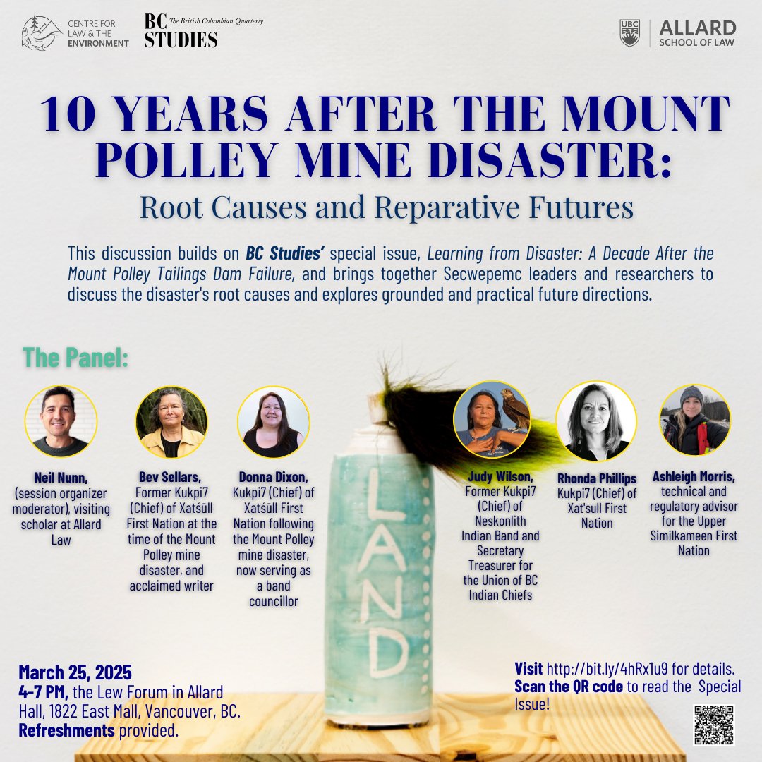 This year marks 10yrs since the Mount Polley mine disaster, which released 25millionm3 of heavy metal-laden waste into Te T7iweltk (Quesnel Lake). Join us as we have the honour of learning from those resisting reckless approaches to mining. Register here: shorturl.at/1hZlS