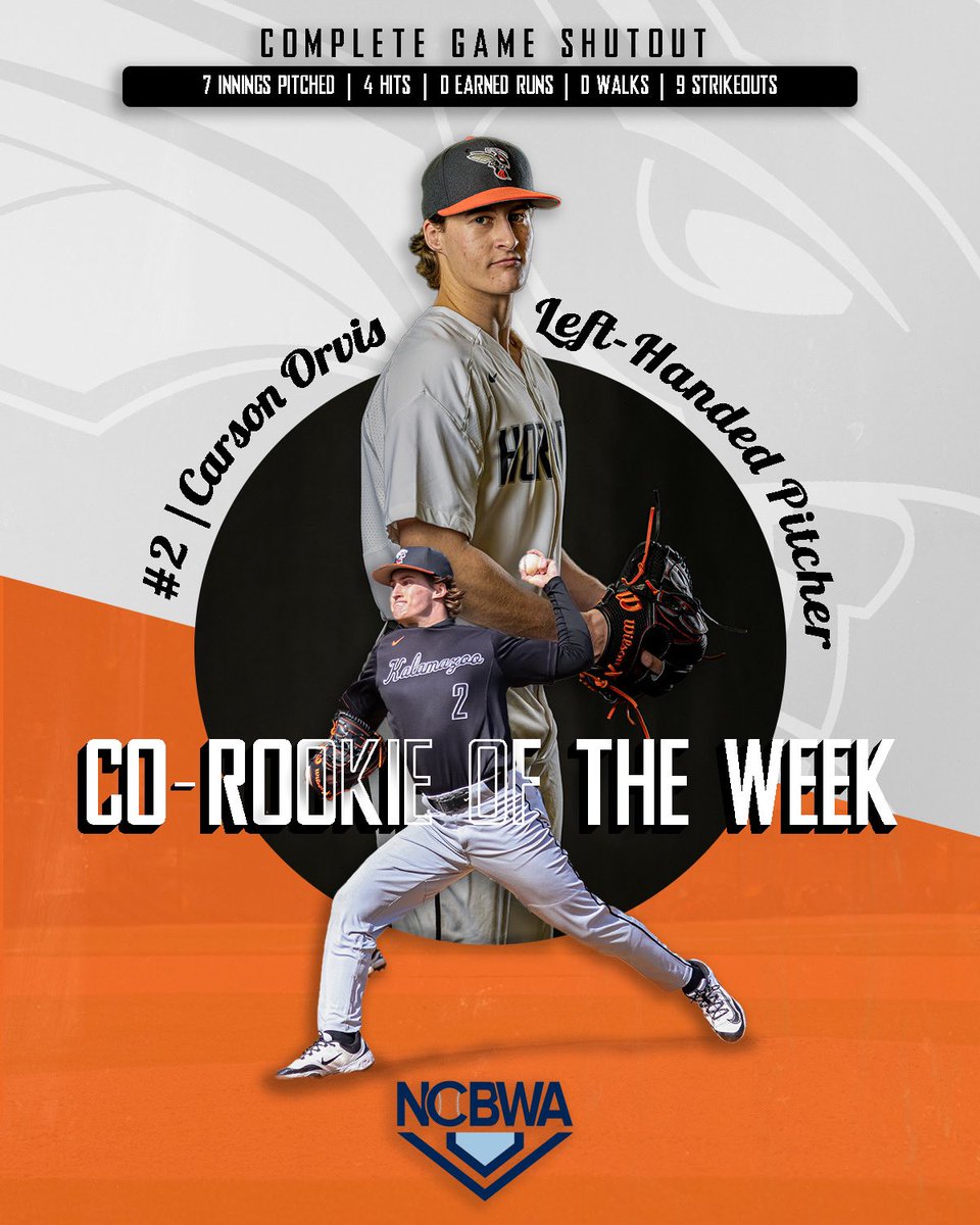 Congrats to Carson Orvis on earning NCWBA Co-Rookie of the Week Honors! 🏆

Orvis capped off the honor with his first career complete game shutout against Illinois Tech. 🐝⚾️

#d3baseball // <a href="/NCBWA/">NCBWA</a>