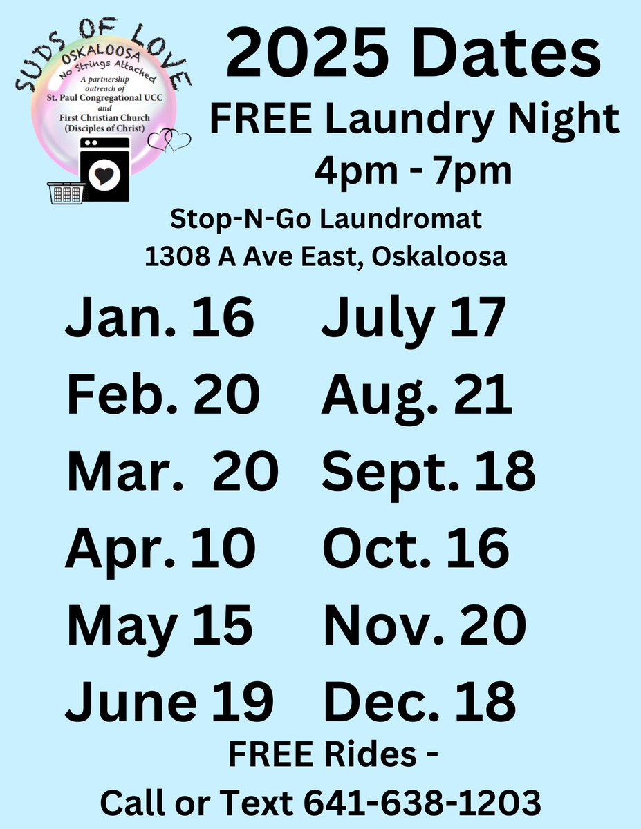 Mark your calendars for the next Suds of Love event! Thursday March 20th will be the next FREE LAUNDRY NIGHT. Contact the number below if you need a ride to Stop-N-Go Laundromat.