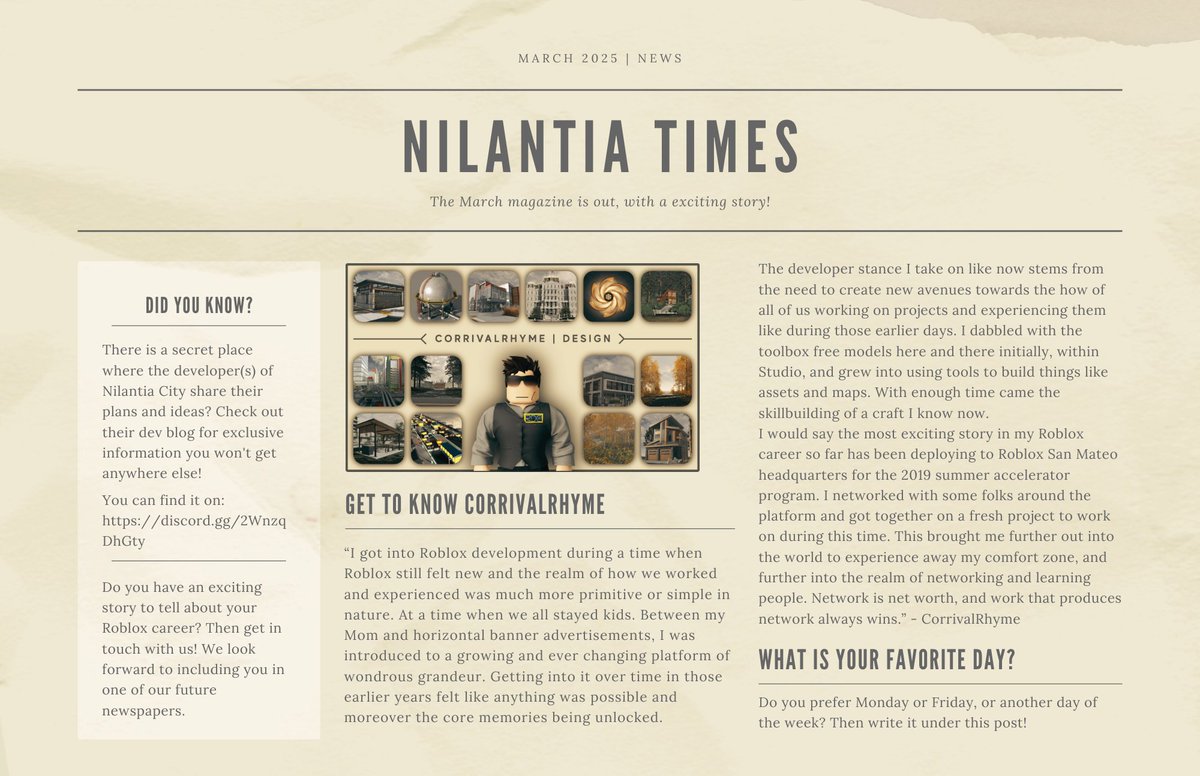 DevNilmo's tweet photo. 📰 The March magazine of Nilantia Times is out!

👋 Get to know @CorrivalRhyme and give him a warm welcome to Nilantia City!

#NilantiaTimes #NilantiaCity #NilantiaNews 
#Roblox #RobloxDev #Game #Development https://t.co/UzYx4QwtG0