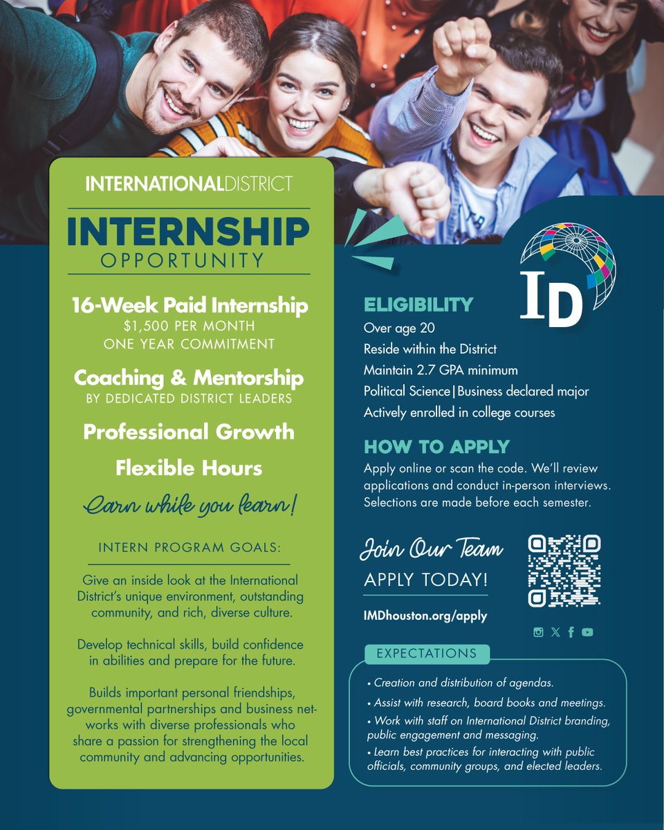Join our Internship Program and explore the vibrant International District, renowned for its rich cultural diversity. Enhance your technical skills, boost your confidence and prepare for remarkable future endeavors.

Apply: imdhouston.org/imd-internship…