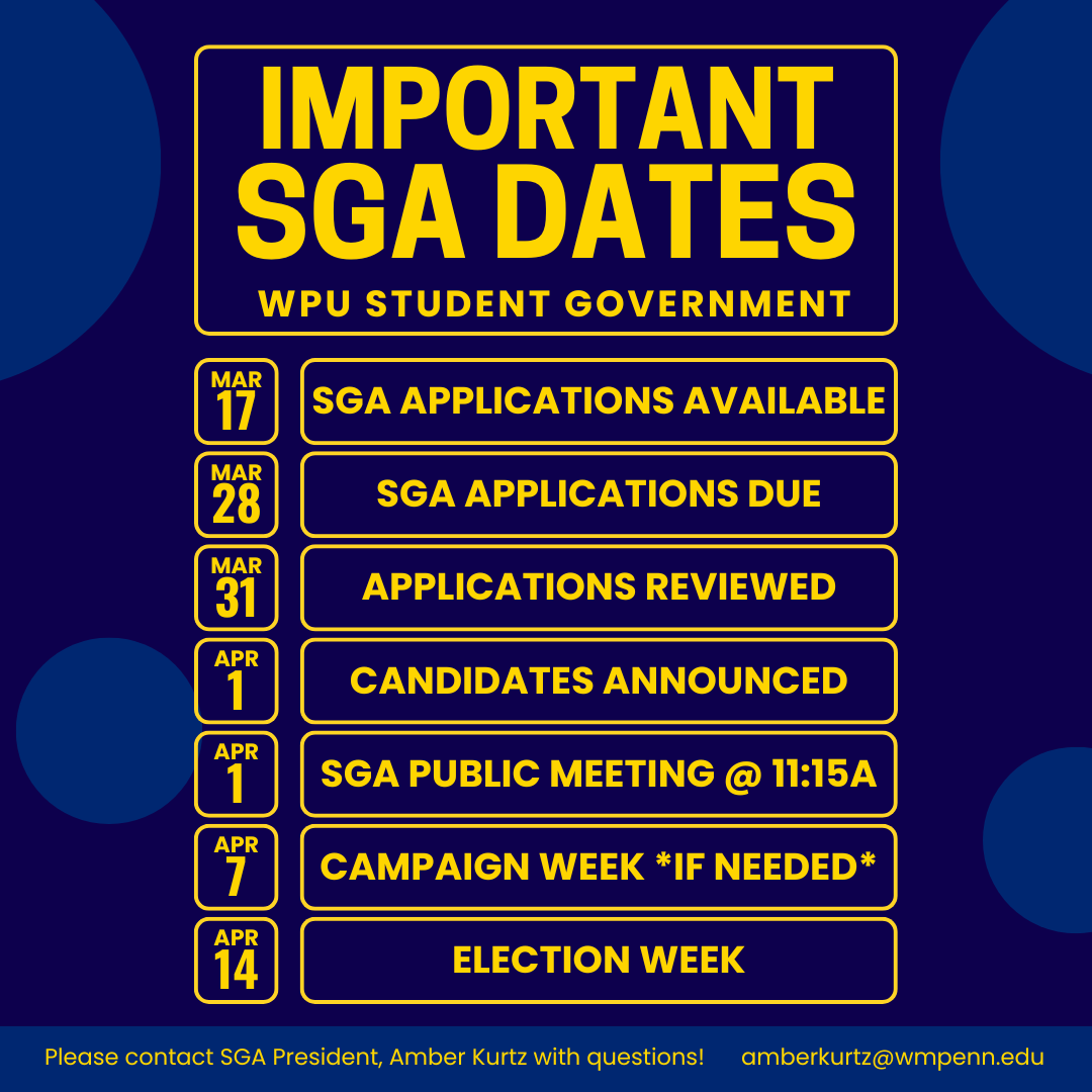Applications for 2025-2026 will start to be available on 3-17. You can pick one up from the Student Services office in Union 107! Applications are due by 3-28. If you have questions, contact any SGA Representative or SGA President, Amber Kurtz.