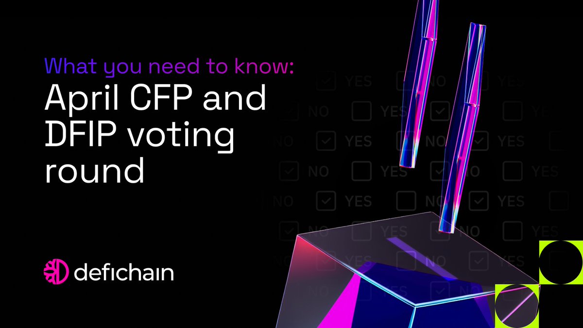 DeFiChain April DFIP &amp; CFP Voting Round is LIVE!

The latest governance round features 2 DFIPs and 5 CFPs, shaping the future of DeFiChain. The proposals include:

🔹 DFIP 1 – Strengthening governance &amp; transparency for CFPs
🔹 DFIP 2 – Deprecation of dCrypto pools for ecosystem