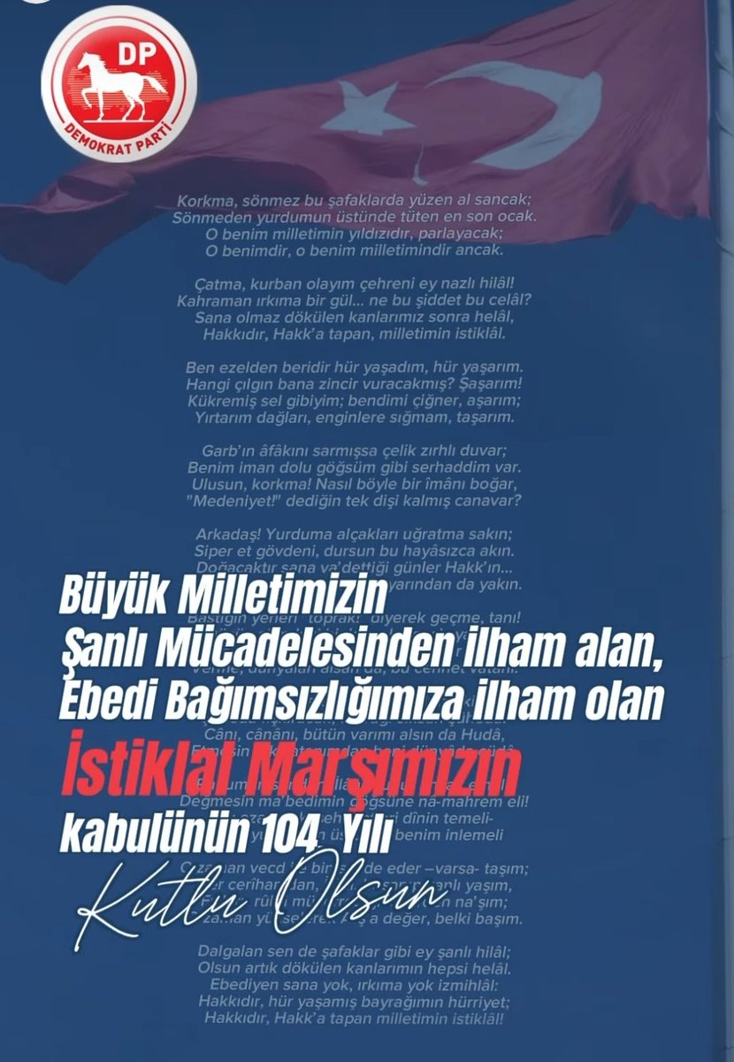 🇹🇷Büyük milletimizin şanlı mücadelesinden ilham alan, ebedi bağımsızlığımıza ilham olan Istiklal Marşımızın kabulünün 104 yılı kutlu olsun.