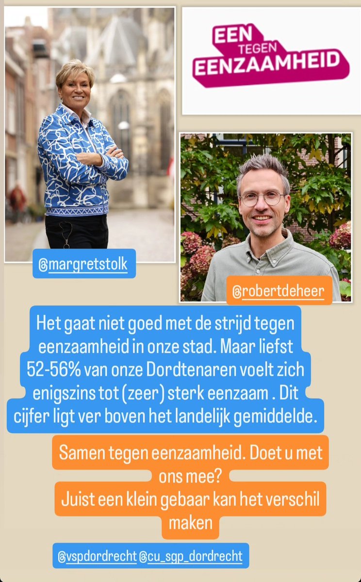 Samen tegen eenzaamheid! Doet u met ons mee? Juist een klein gebaar kan het verschil maken. 
Onze stad Dordrecht verdient een strijd tegen eenzaamheid💪🏻🇦🇹
#jebentnietalleen
<a href="/RobertdeHeer/">Robert de Heer</a> <a href="/VSPDordrecht/">VSP-Dordrecht</a> #cu/sgp
<a href="/raaddordt/">Gemeenteraad Dordrecht</a> <a href="/ADdeDordtenaar/">AD De Dordtenaar</a> <a href="/GemDordrecht/">Gemeente Dordrecht</a>