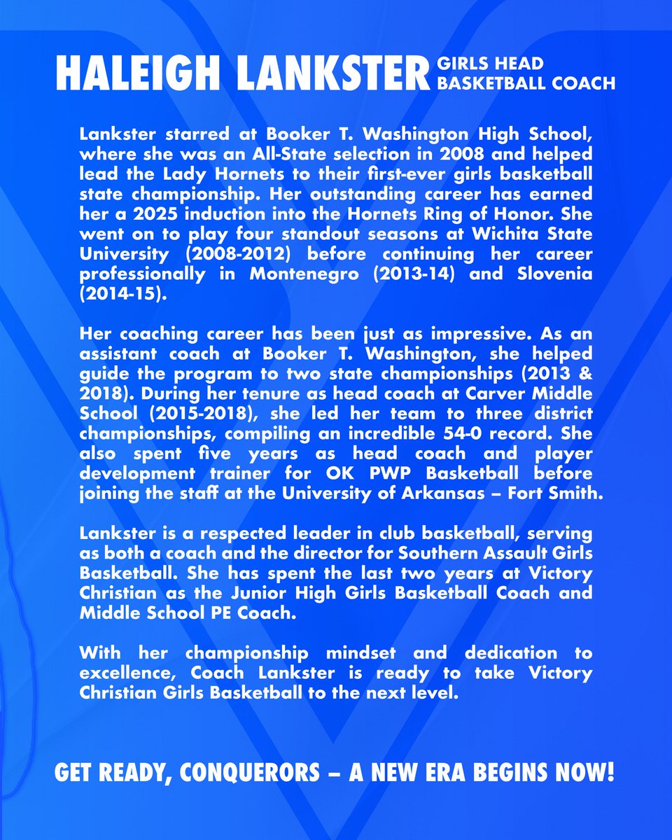 Conquerors (@vcstulsa) on Twitter photo Victory Christian welcomes <a href="/haylay21/">Haleigh Lankster</a> as our new Head <a href="/VictoryGBB/">Victory Girls Basketball</a> Coach!
🏆 2008 State Champ as a player (Booker T.)
🏆 2025 Hornets Ring of Honor inductee
🏆 2x State Champ as a coach (2013 & 2018)
🏆 Former pro player & club director
Welcome, Coach Lankster! #OKPREPS #CNQR Victory Christian welcomes <a href="/haylay21/">Haleigh Lankster</a> as our new Head <a href="/VictoryGBB/">Victory Girls Basketball</a> Coach!
🏆 2008 State Champ as a player (Booker T.)
🏆 2025 Hornets Ring of Honor inductee
🏆 2x State Champ as a coach (2013 & 2018)
🏆 Former pro player & club director
Welcome, Coach Lankster! #OKPREPS #CNQR