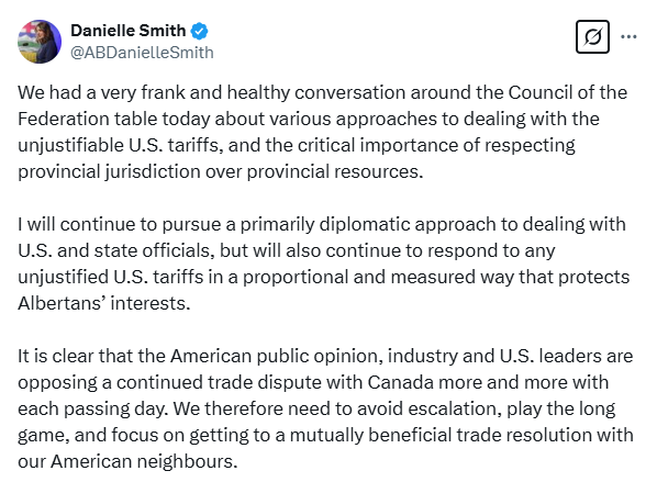 cspotweet's tweet photo. Premier Danielle Smith says she had frank and healthy conversations with other premiers today as the U.S. trade war continues. 

She adds that she will primarily continue to pursue diplomacy, saying she wants to avoid escalation and instead play the long game. https://t.co/bYp4yVZWVe