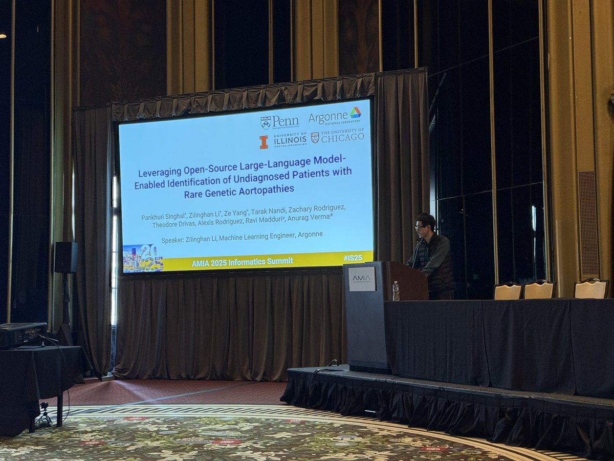 Ravi Madduri (@madduri) on Twitter photo Great talk by Zilinghan at #AMIA on our joint work with <a href="/_anuragverma/">Anurag Verma</a> at UPenn on using LLMs in the context of rare disease research Great talk by Zilinghan at #AMIA on our joint work with <a href="/_anuragverma/">Anurag Verma</a> at UPenn on using LLMs in the context of rare disease research