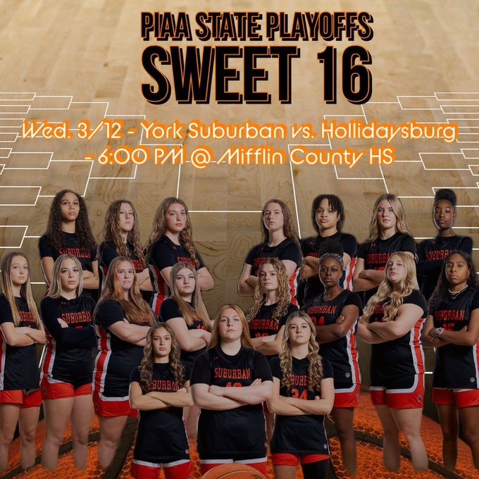 PIAA_Sports (@statepiaa) on Twitter photo 🔥🏀High School Basketball‼️🔥
York Suburban vs Hollidaysburg📺 Livestreams: bit.ly/495UzHU - 5A Girls' Championship"
today
@ 6p.
<a href="/LadyTigerbbal/">Lady Tiger Basketball</a> <a href="/CoachBradLear/">Brad Lear</a> <a href="/YorkSuburbanGB/">York Suburban Girls Basketball</a> <a href="/jeremydavidesq/">Jeremy Williams</a> <a href="/YDSports/">YDSports</a> <a href="/YSGBasketball/">York Suburban Girls Basketball</a> 🔥🏀High School Basketball‼️🔥
York Suburban vs Hollidaysburg📺 Livestreams: bit.ly/495UzHU - 5A Girls' Championship"
today
@ 6p.
<a href="/LadyTigerbbal/">Lady Tiger Basketball</a> <a href="/CoachBradLear/">Brad Lear</a> <a href="/YorkSuburbanGB/">York Suburban Girls Basketball</a> <a href="/jeremydavidesq/">Jeremy Williams</a> <a href="/YDSports/">YDSports</a> <a href="/YSGBasketball/">York Suburban Girls Basketball</a>