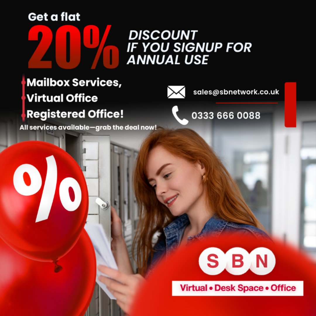 Sign up for a one-year contract on any of our services and enjoy an exclusive 20% OFF! 
Select from:  
📫 Mailbox Services  
🏢 Virtual Office  
🏛️ Registered Office  
sbnetworkny.com
#mailboxes #mailbox  #mailboxes #MailboxService #DigitalMailbox #DigitalMailbox