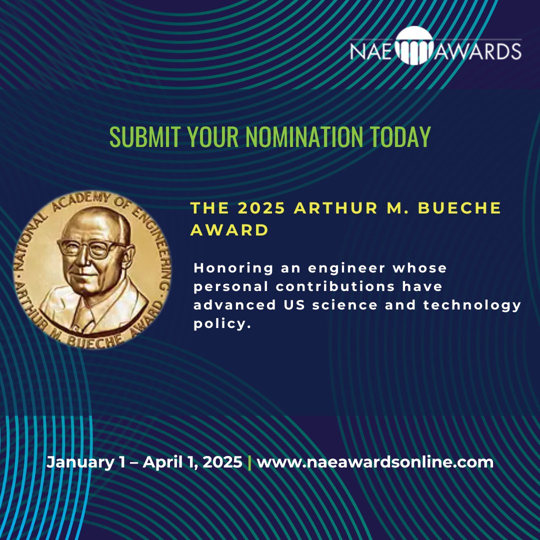 theNAEng's tweet image. The Arthur M. Bueche Award celebrates advancing engineering policy for societal impact. Know someone bridging innovation &amp;amp; policy? 

Nominate today: ow.ly/Jlz450Vc5xi 

#NAEAwards #TechnologyPolicy #Innovation