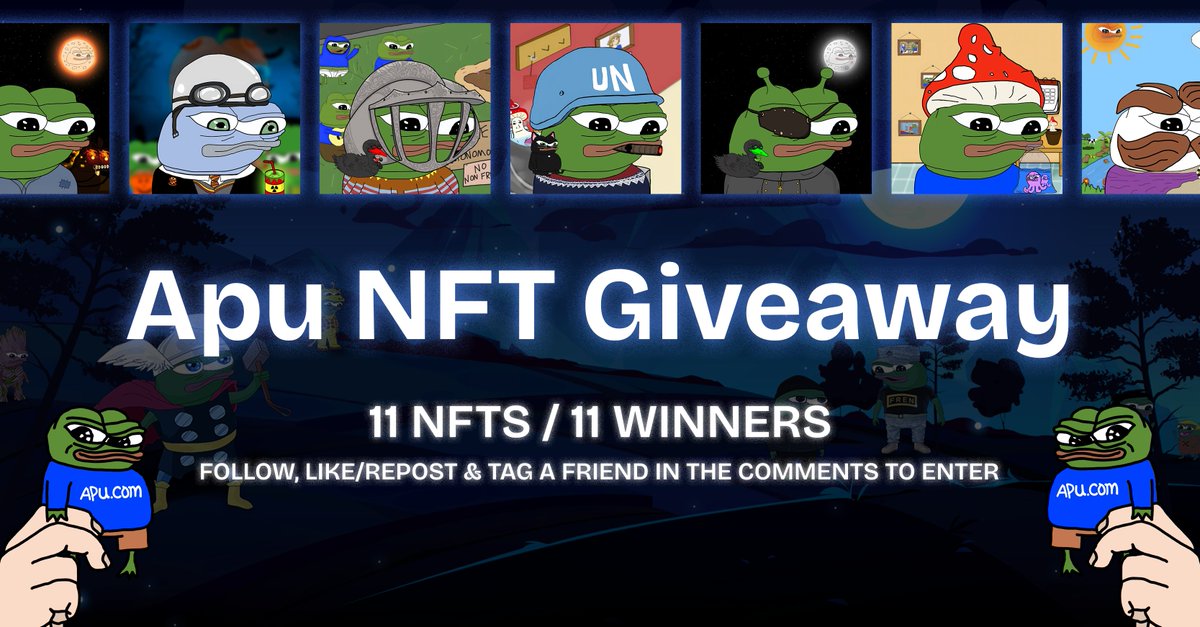 🚨APU BIRTHDAY GIVEAWAY🚨

11x NFTS 🖼️
11x WINNERS 🫰🐸

HOW TO ENTER FOR A CHANCE TO WIN:
-FOLLOW <a href="/ApusCoin/">Apu Apustaja</a> 👥
-LIKE &amp; REPOST 💚
-TAG A FREN IN THE COMMENTS 🫵