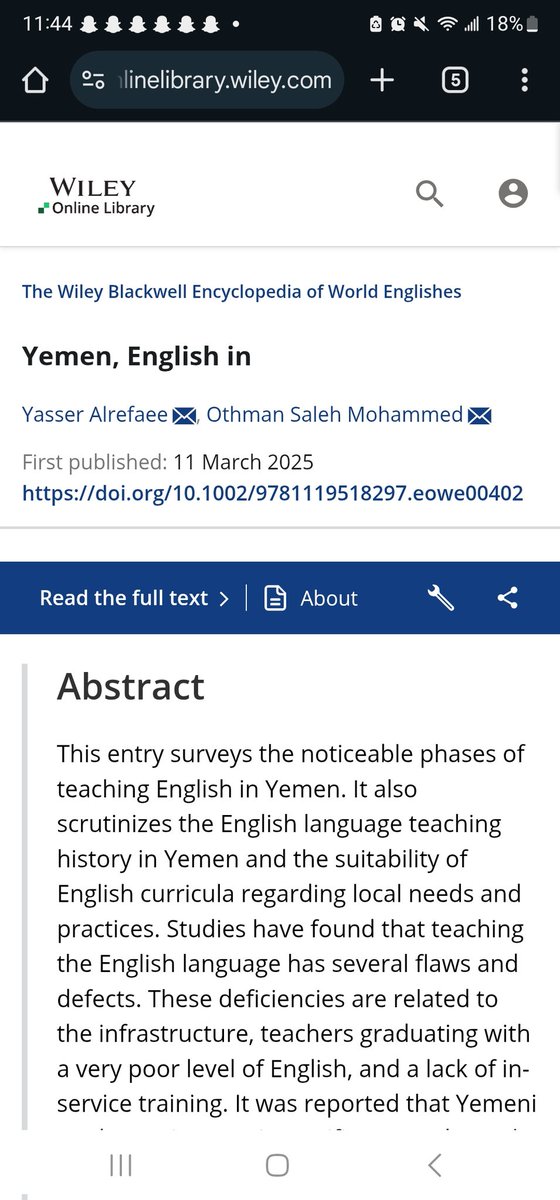 alrefaee's tweet photo. Excited to share that my research on English education in Yemen has been published in The Wiley Blackwell Encyclopedia of World Englishes!Thanks to @TrElyas.
 After three years of revisions and two rounds of peer reviews, it is is finally available
DOI: https://t.co/qeSQJqiBVP https://t.co/YUrnZf7zAJ
