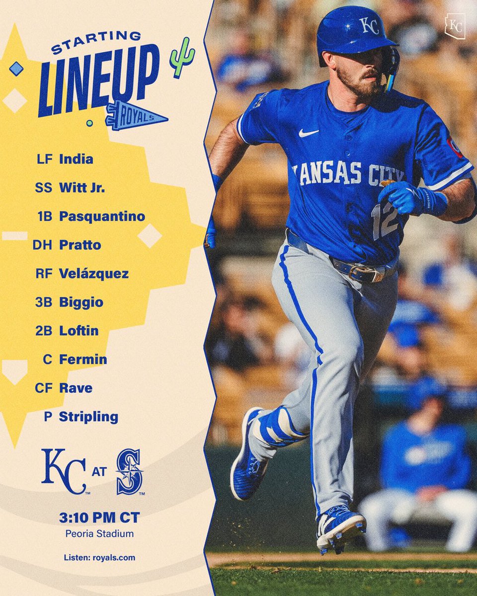 Kevin Derryberry (@kdbvoice) on Twitter photo Spring Training baseball in <a href="/PeoriaAZ/">Peoria, AZ ☀️</a> this afternoon as the <a href="/Mariners/">Seattle Mariners</a> host the <a href="/Royals/">Kansas City Royals</a> in a <a href="/cactusleagueaz/">The Cactus League</a> game at <a href="/PeoriaSportsCom/">Peoria Sports Complex</a> Lineup cards ⬇️⬇️ Spring Training baseball in <a href="/PeoriaAZ/">Peoria, AZ ☀️</a> this afternoon as the <a href="/Mariners/">Seattle Mariners</a> host the <a href="/Royals/">Kansas City Royals</a> in a <a href="/cactusleagueaz/">The Cactus League</a> game at <a href="/PeoriaSportsCom/">Peoria Sports Complex</a> Lineup cards ⬇️⬇️