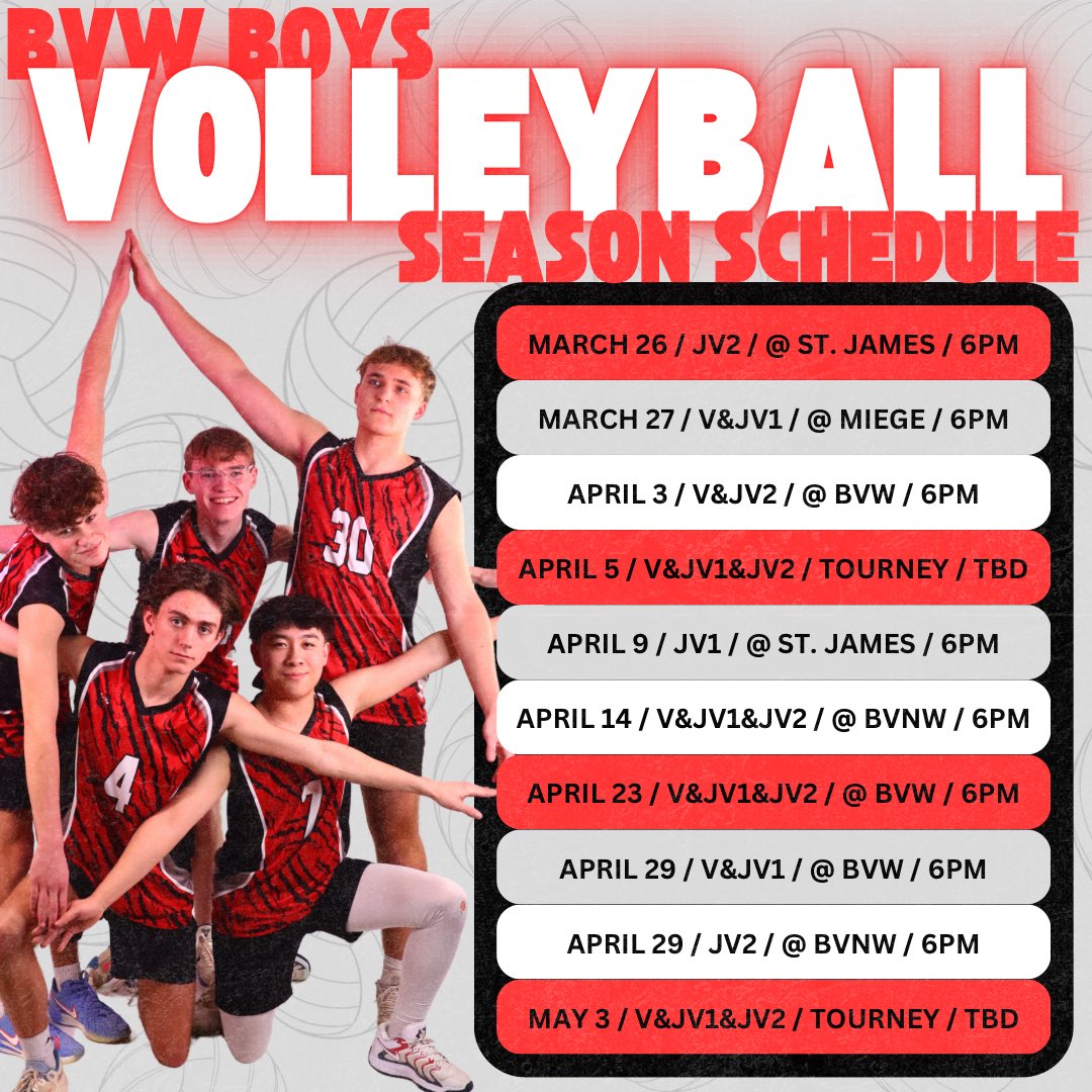 Boys VB Season Schedule‼️

Can’t wait to get started 💪 

#bvwvb🏐 #gojags🐾